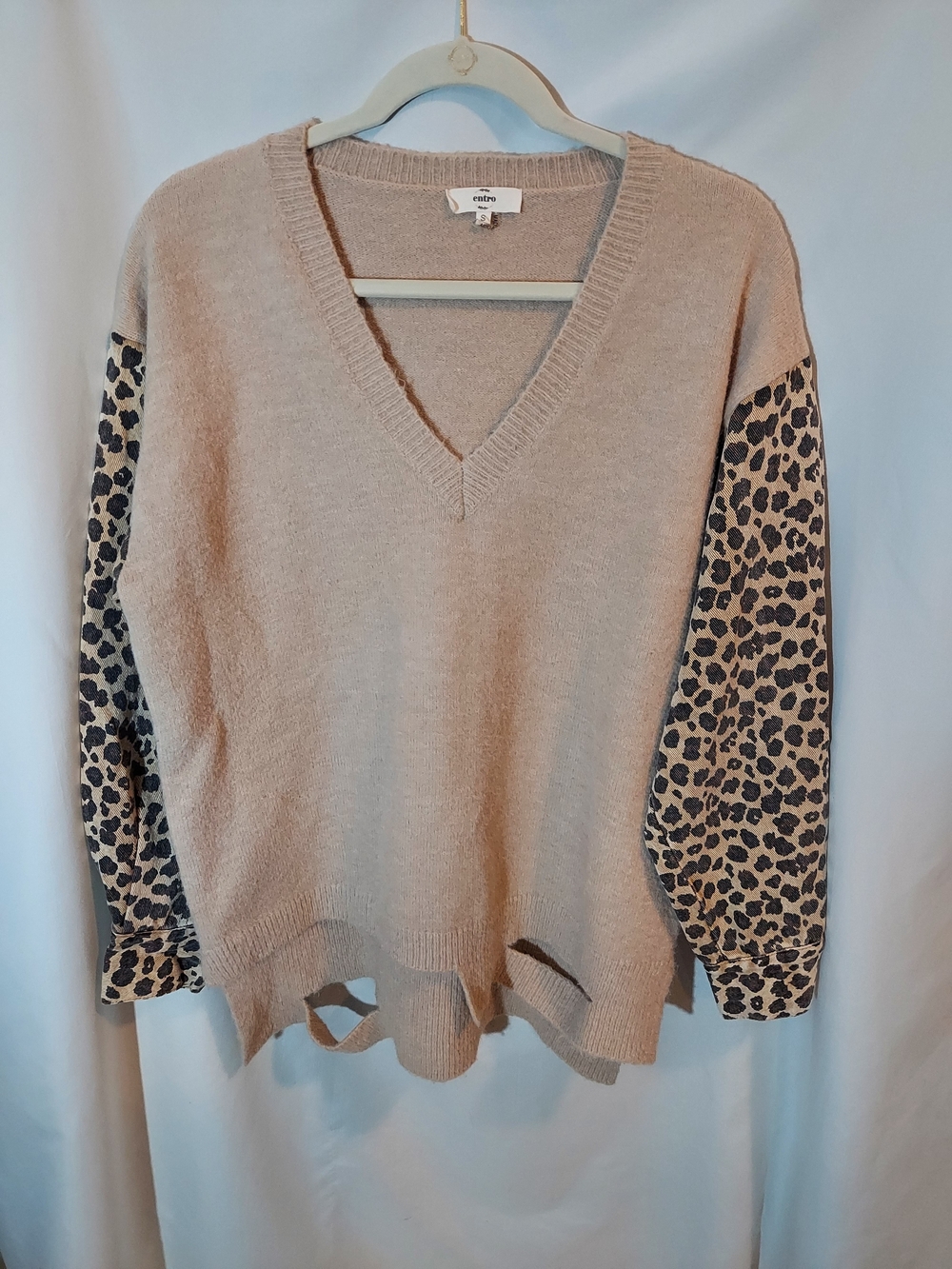 Entro Oversized V-Neck Tunic Knit Sweater Leopard Canvas Sleeves Boho Small